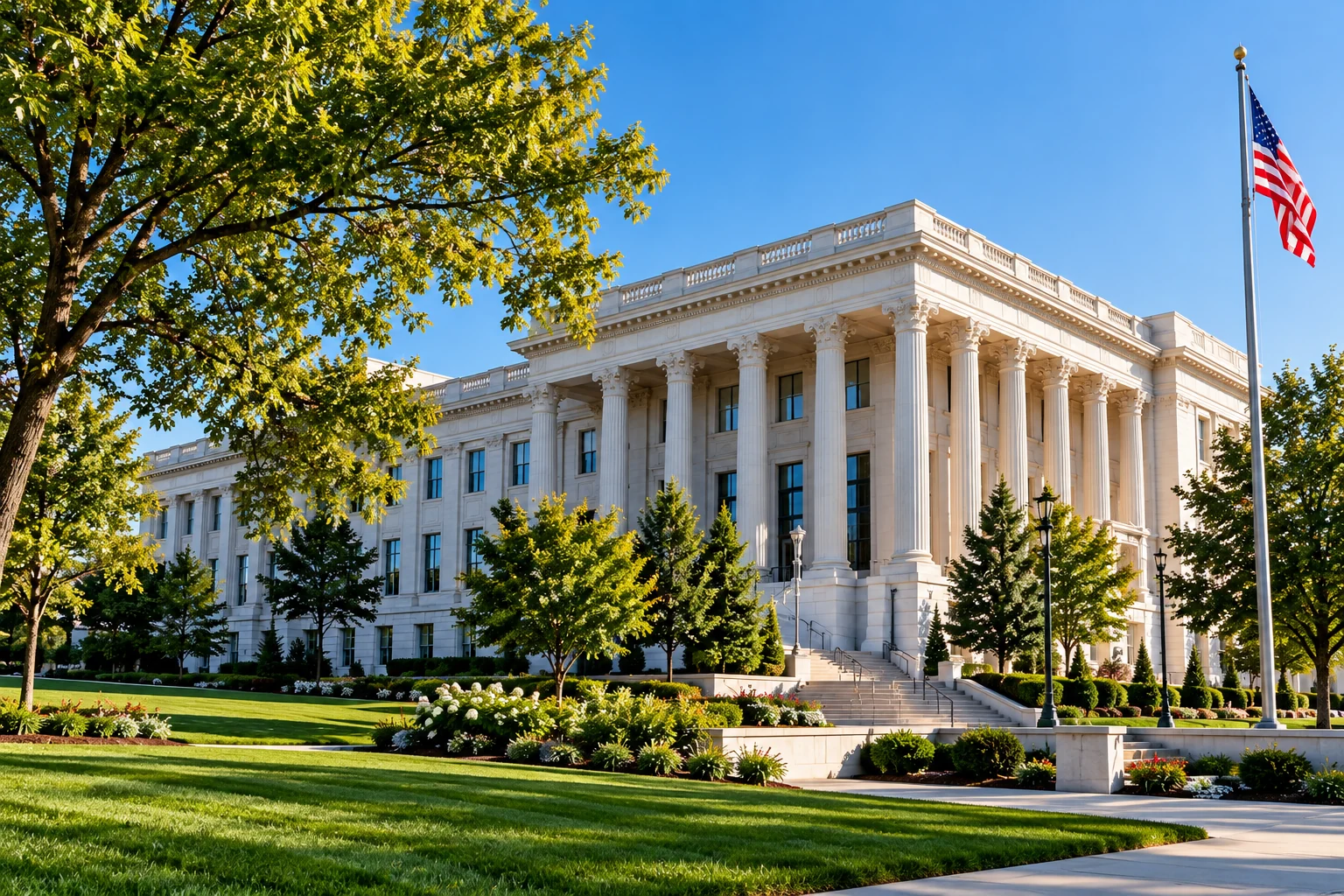 Illustrative public administration building and landscaped government campus